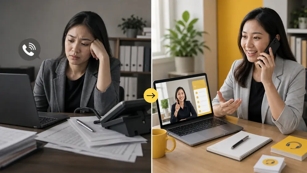 Before and after comparison of a professional moving from avoided supplier calls to confident Mandarin calls