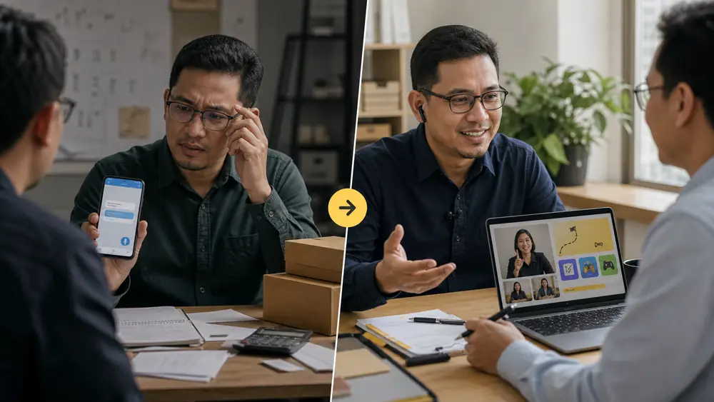 Before and after comparison of a business owner moving from translation app dependence to direct supplier negotiation